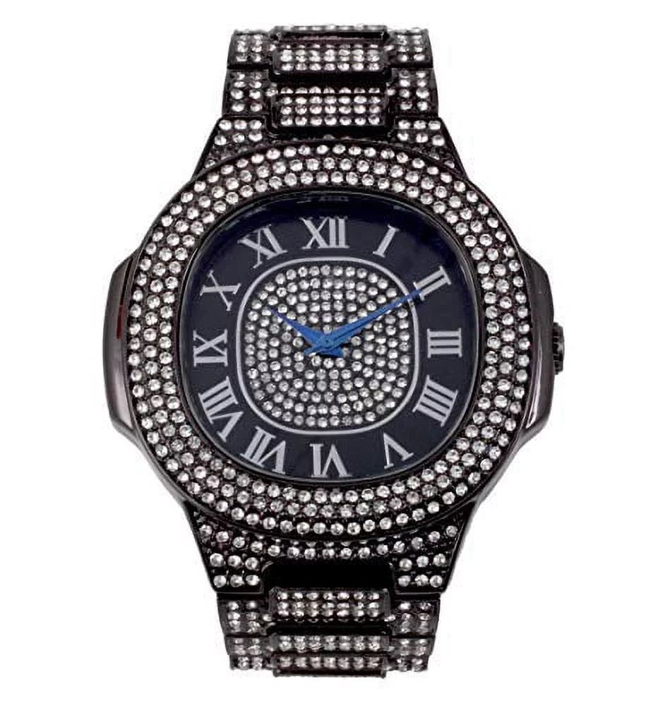 Charles Raymond Blinged Out Oblong Metal Mens Color on Blast Hip Hop Iced Out Wristwatch - 8475Color (ST10235 SDR# Blk Blk Panther)