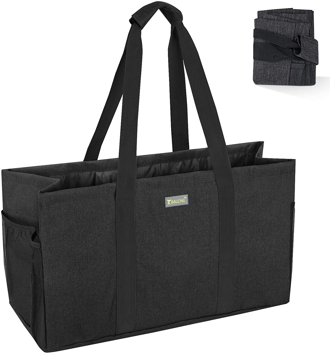 BALEINE Reusable SOFT Utility Tote with Reinforced Handles, Eco Friendly Collapsible Foldable & Washable Grocery Storage Bag, Extra Storage For Phone & Keys with Inner & Side Pockets Jet