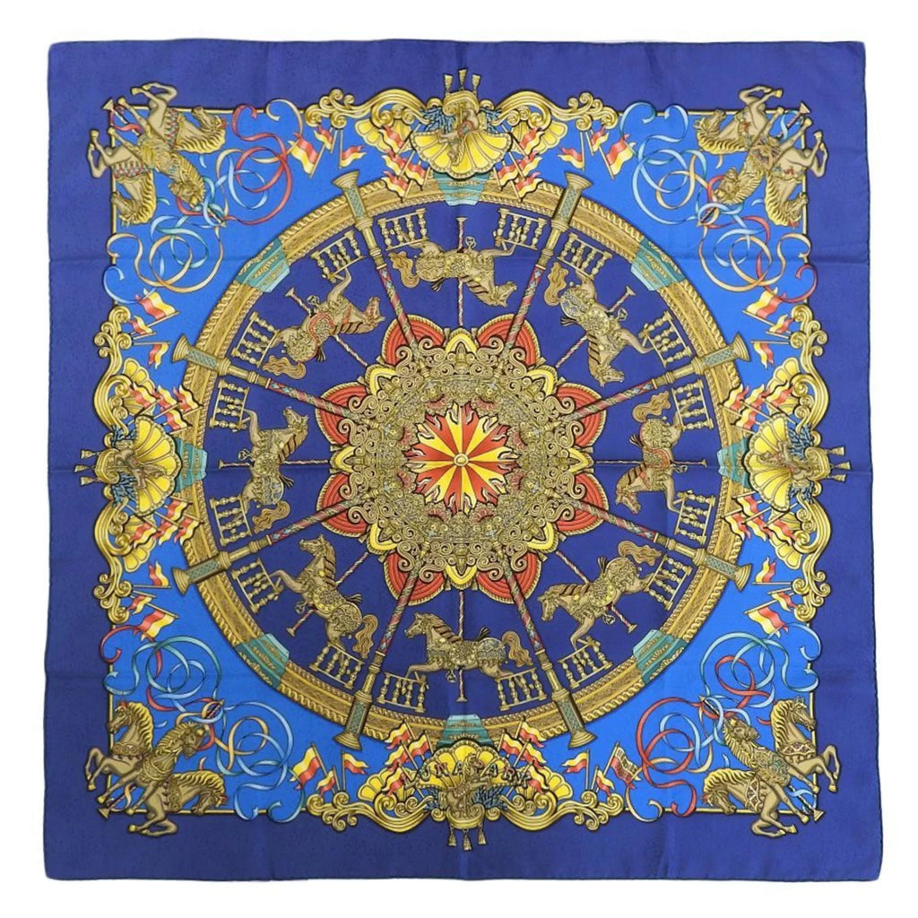 Pre-Owned HERMES KARE90 LUNA PARK Amusement Park Horse Carousel Scarf Muffler Silk Blue (Good)
