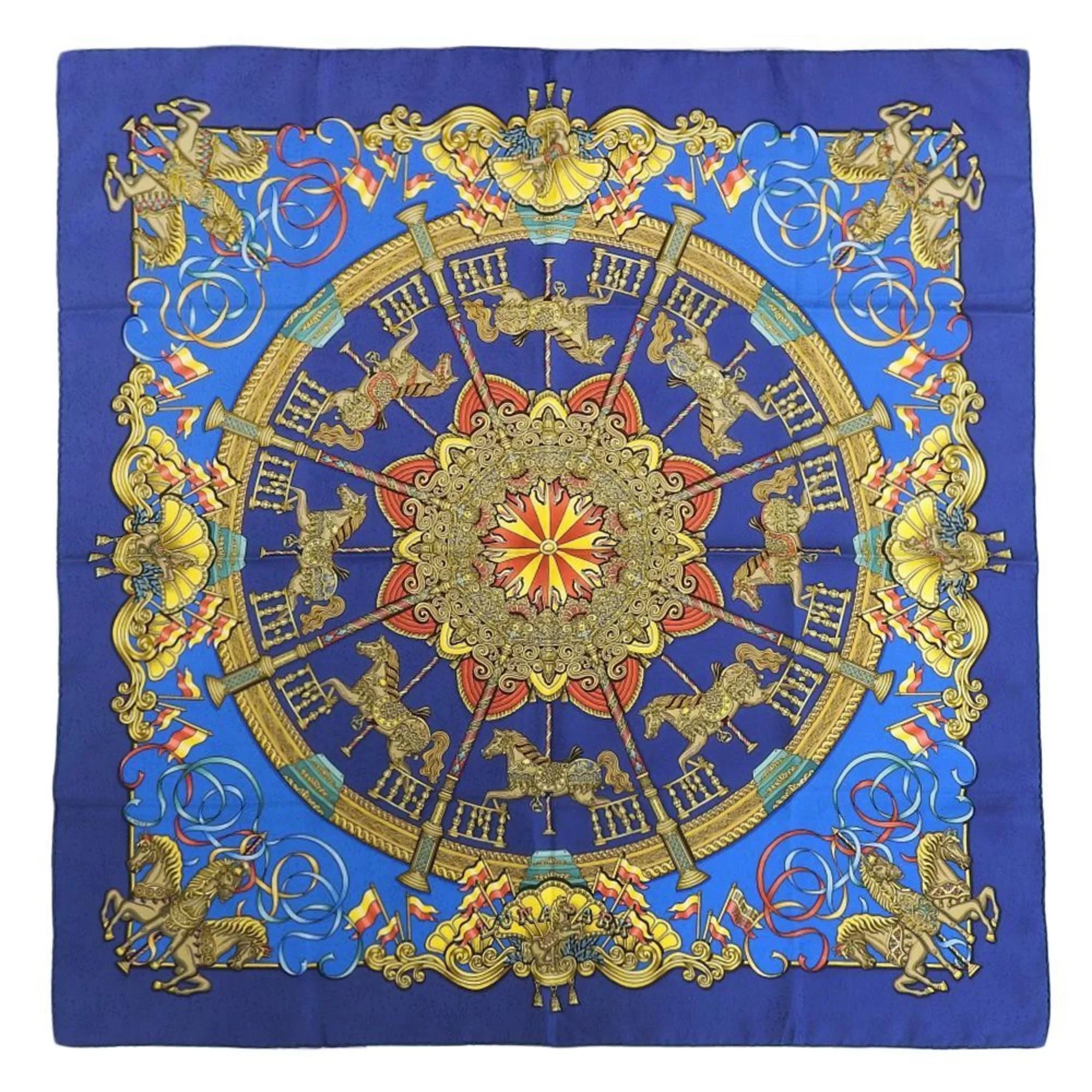 Pre-Owned HERMES KARE90 LUNA PARK Amusement Park Horse Carousel Scarf Muffler Silk Blue (Good)