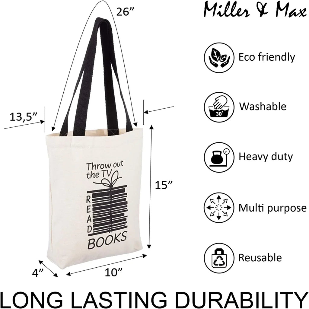 Miller & Max Canvas Tote Bag For Women Men, Reusable Multi-functional 100% Cotton Books Fun Cute Print Durable Design With Inner Pocket, Dark Handles 12 oz Canvas Bags - For School, Office, Picnic An