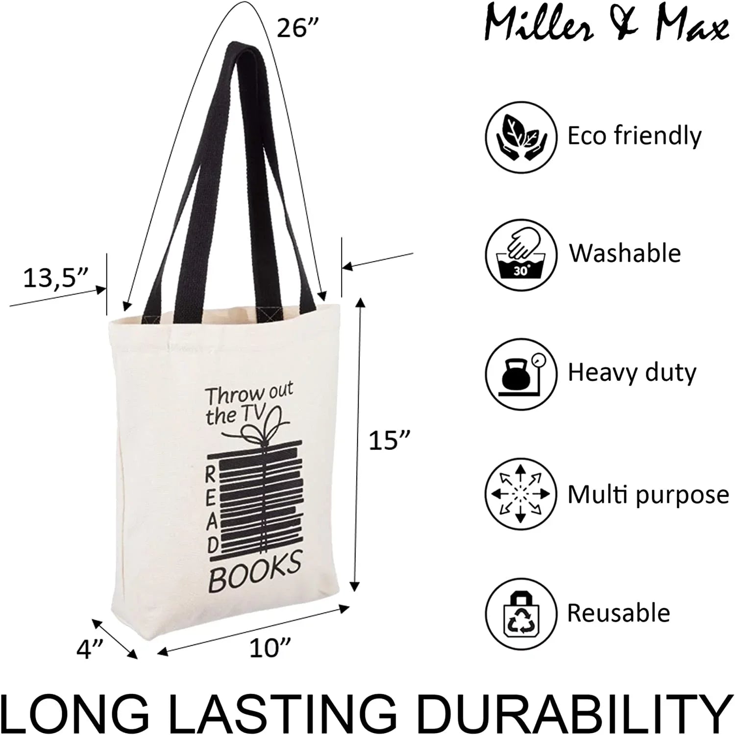 Miller & Max Canvas Tote Bag For Women Men, Reusable Multi-functional 100% Cotton Books Fun Cute Print Durable Design With Inner Pocket, Dark Handles 12 oz Canvas Bags - For School, Office, Picnic An