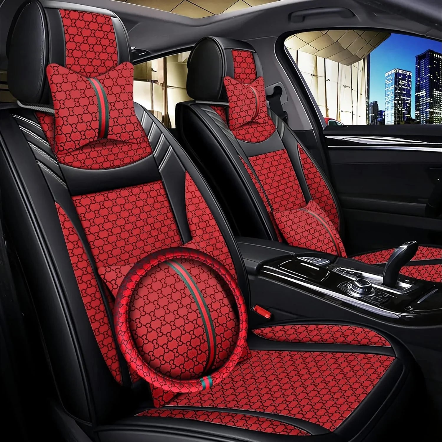 KABUQI Guc ci,same model high-end Luxury Seat Covers Full Set Leather Fit Automotive Seat Covers & Accessories for 5 Seat Cars SUV Pick-up Trucks, Pillows and Steering Wheel Cover Included(Gray)