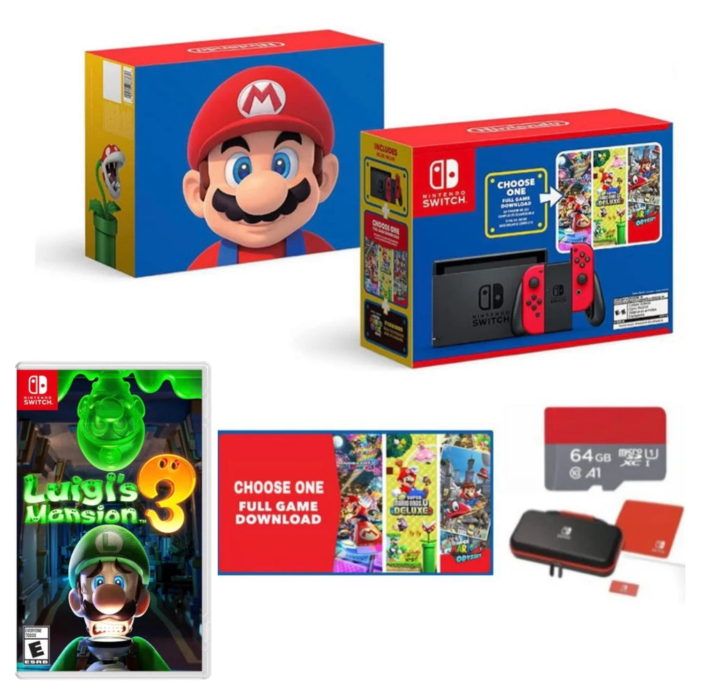 New Nintendo Switch Mario Bundle with Red Joy-Con - Bundle with Luigi's Mansion 3 & Choose One of Three Download Mario Games - 64GB Micro SD - Switch Carrying Case
