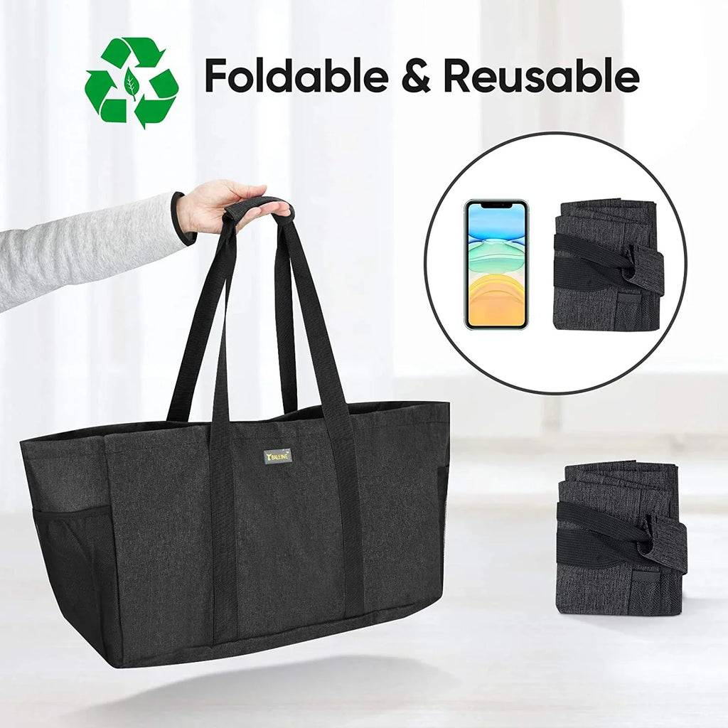 BALEINE Reusable SOFT Utility Tote with Reinforced Handles, Eco Friendly Collapsible Foldable & Washable Grocery Storage Bag, Extra Storage For Phone & Keys with Inner & Side Pockets Jet