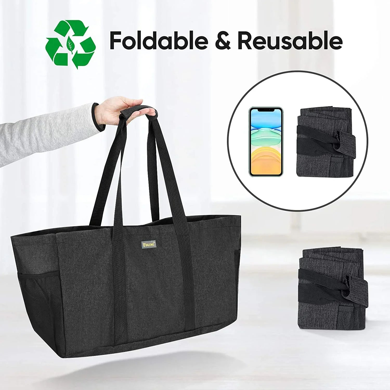 BALEINE Reusable SOFT Utility Tote with Reinforced Handles, Eco Friendly Collapsible Foldable & Washable Grocery Storage Bag, Extra Storage For Phone & Keys with Inner & Side Pockets Jet