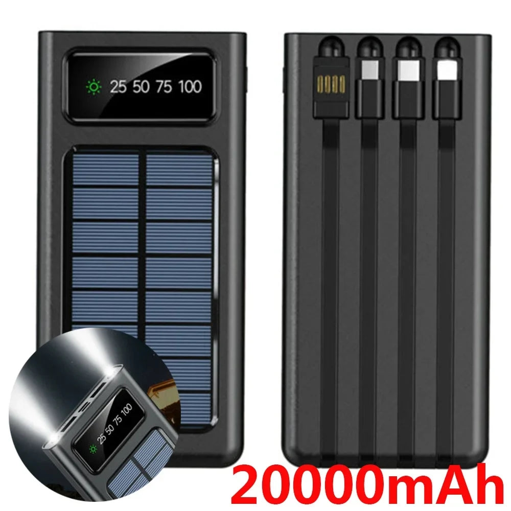 Solar-Charger-Power-Bank - Portable Charger,20000mAh 4 Qi Charger Solar Panel Built-in 3 Kinds Output Cable and Dual LED Flashlights