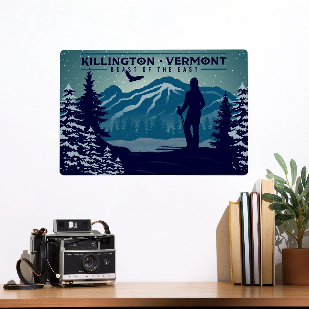 Killington, Vermont, Beast of the East, Skier and Mountain (12x18 Aluminum Art, Indoor Outdoor Metal Sign Decor)
