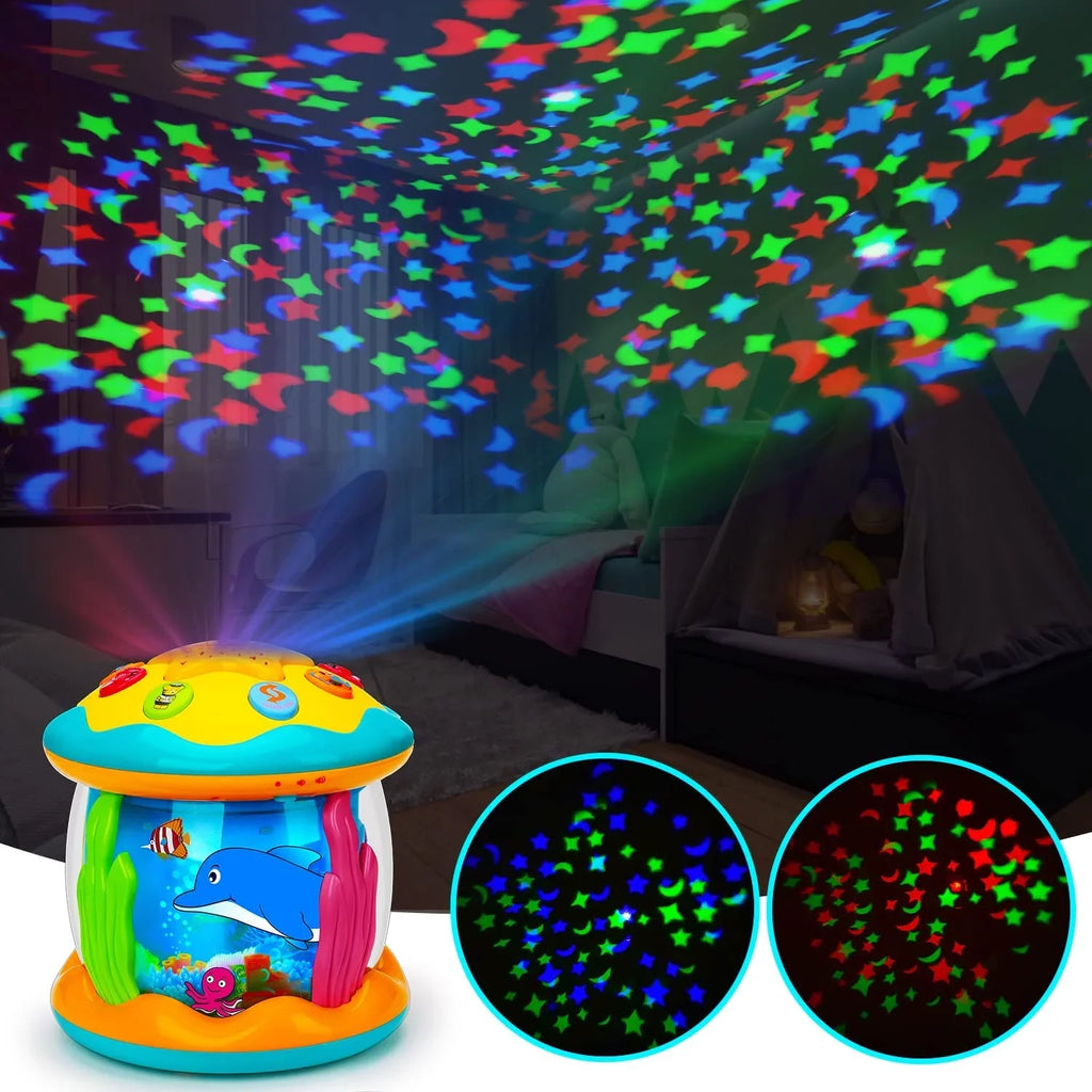 ISHANTECH Baby Toys 6 to 12 Months 4 in 1 Musical Projector Ocean Rotating Tummy Time Learning Crawling Light Up Toys