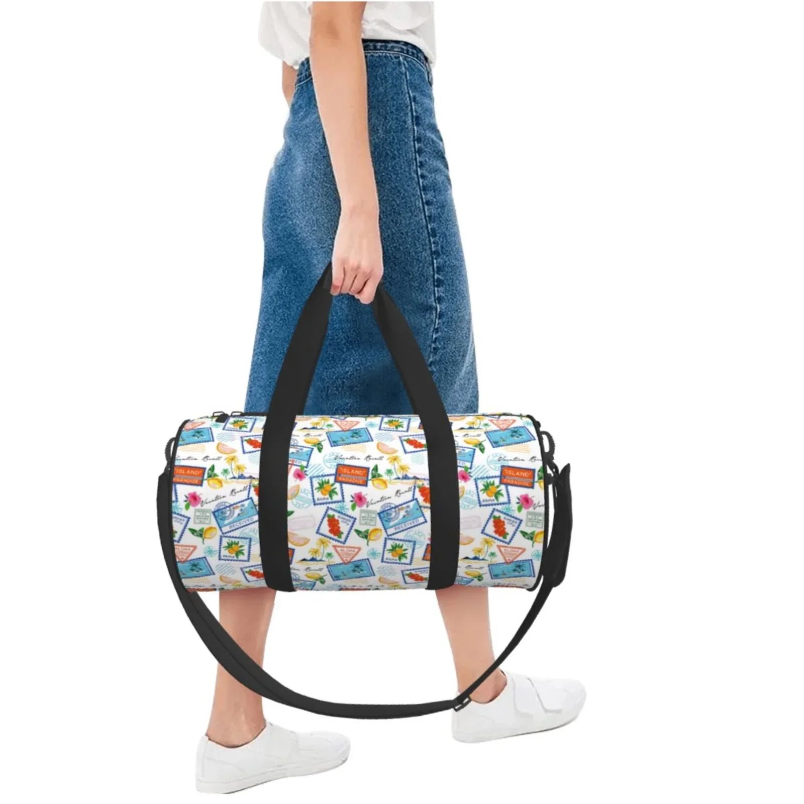 Coaee Summer Stamp Large Capacity Travel Luggage Bag Cylinder Gym Bag Waterproof Sports Bag with Pocket and Compartment