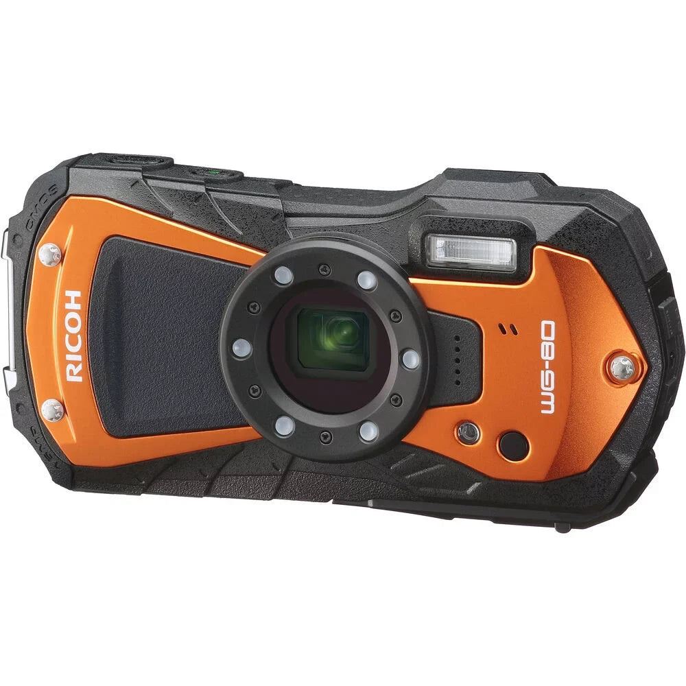 Ricoh WG-80 Waterproof Digital Camera (Orange) with 64GB Extreme Pro SD Card + Small Case + Selfie Stick + Memory Card Wallet + Memory Card Reader + 6Ave Cleaning Kit