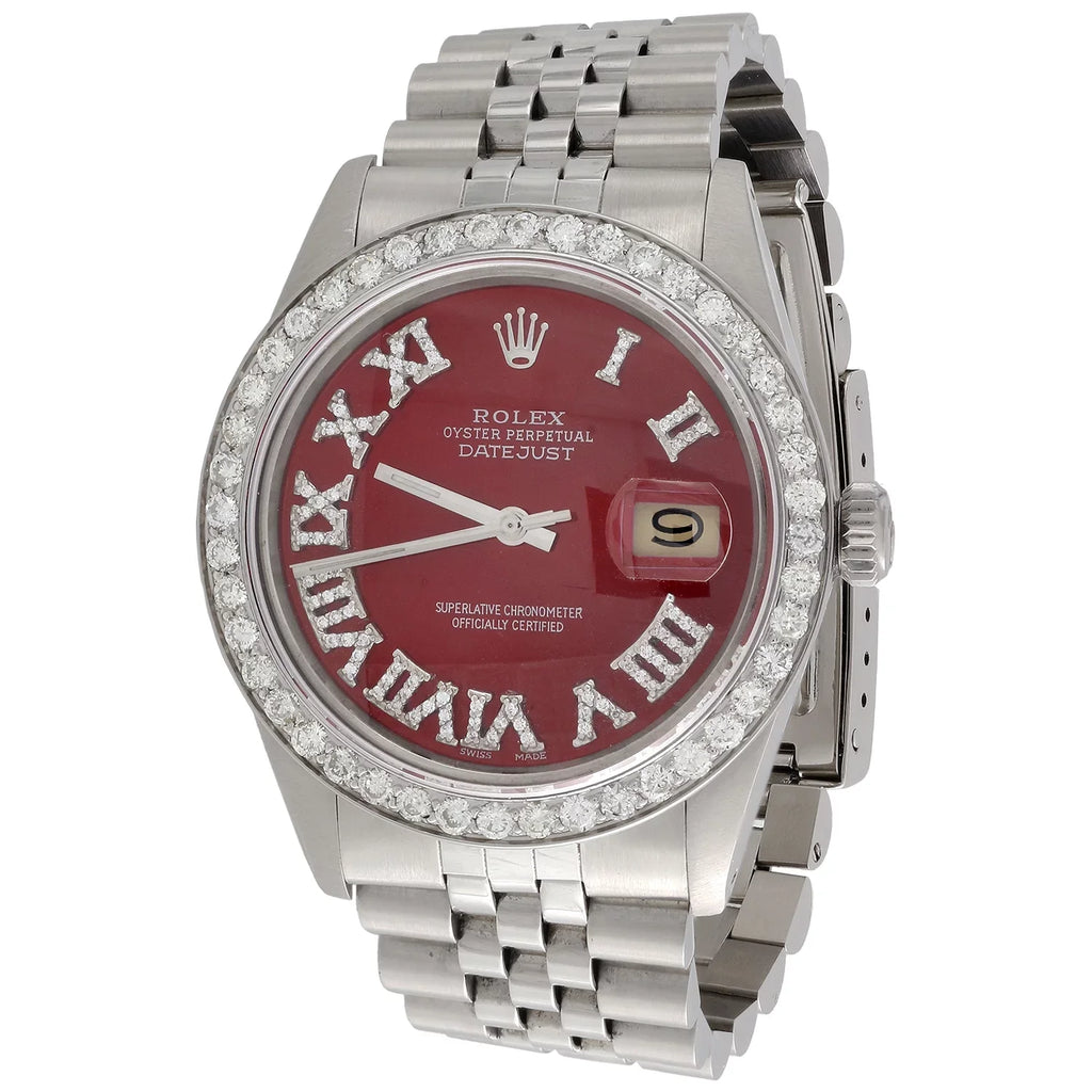 Diamond Roman Numeral Red Dial to Fit DateJust 36mm Quick Set 1/2 CT.