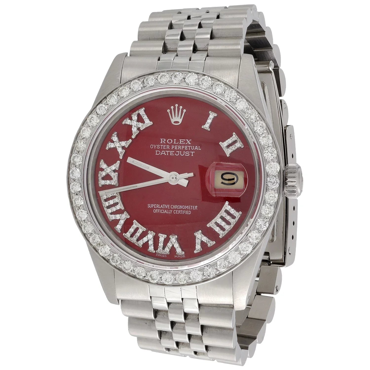 Diamond Roman Numeral Red Dial to Fit DateJust 36mm Quick Set 1/2 CT.