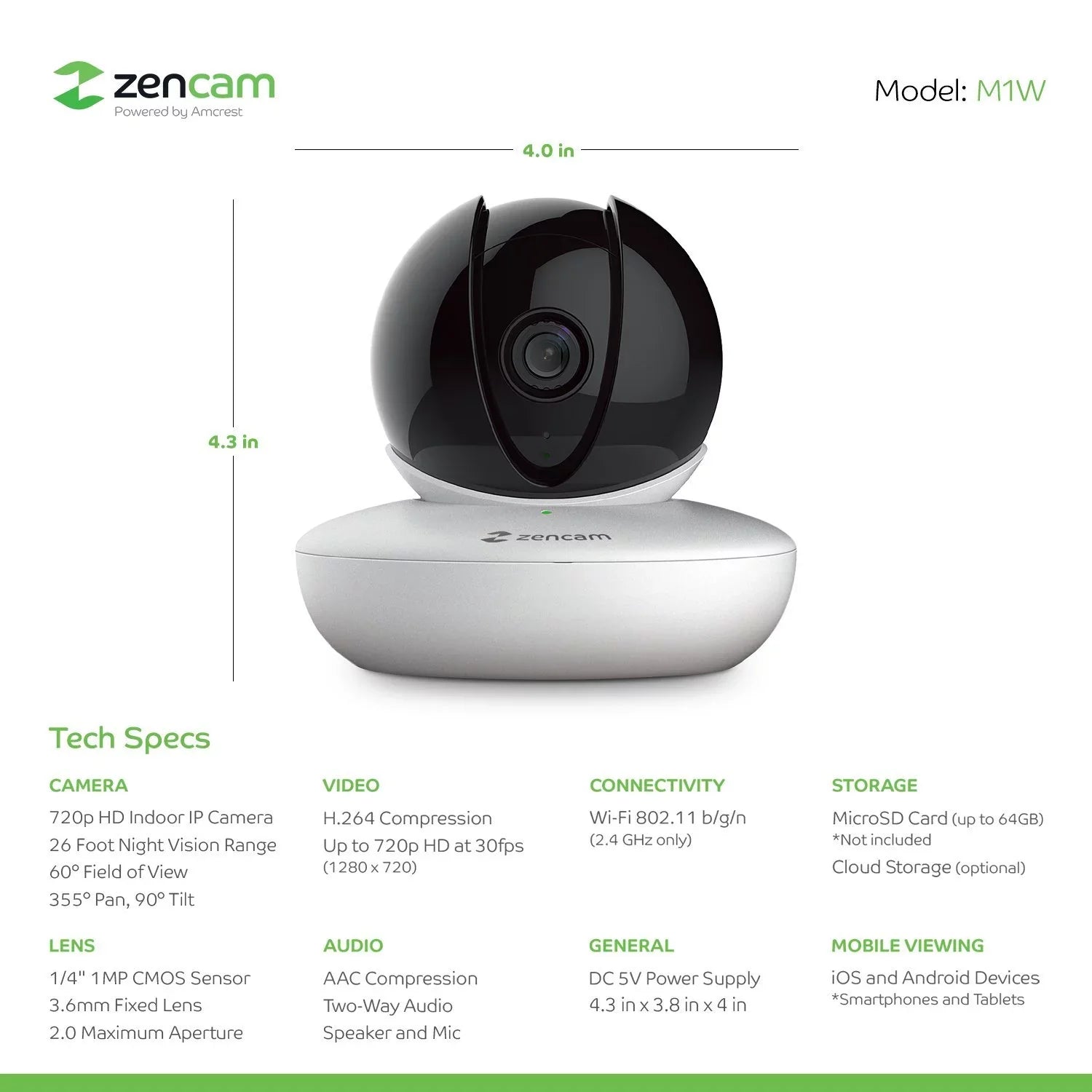 4-Pack Zencam WiFi Camera, Indoor Pan Tilt Zoom Home Wireless IP Camera, 720P Dome Cloud Security Surveillance System with Two-Way Talk for Home, Pet, Nanny Cam, Baby Monitor White (4PACK-M1W)