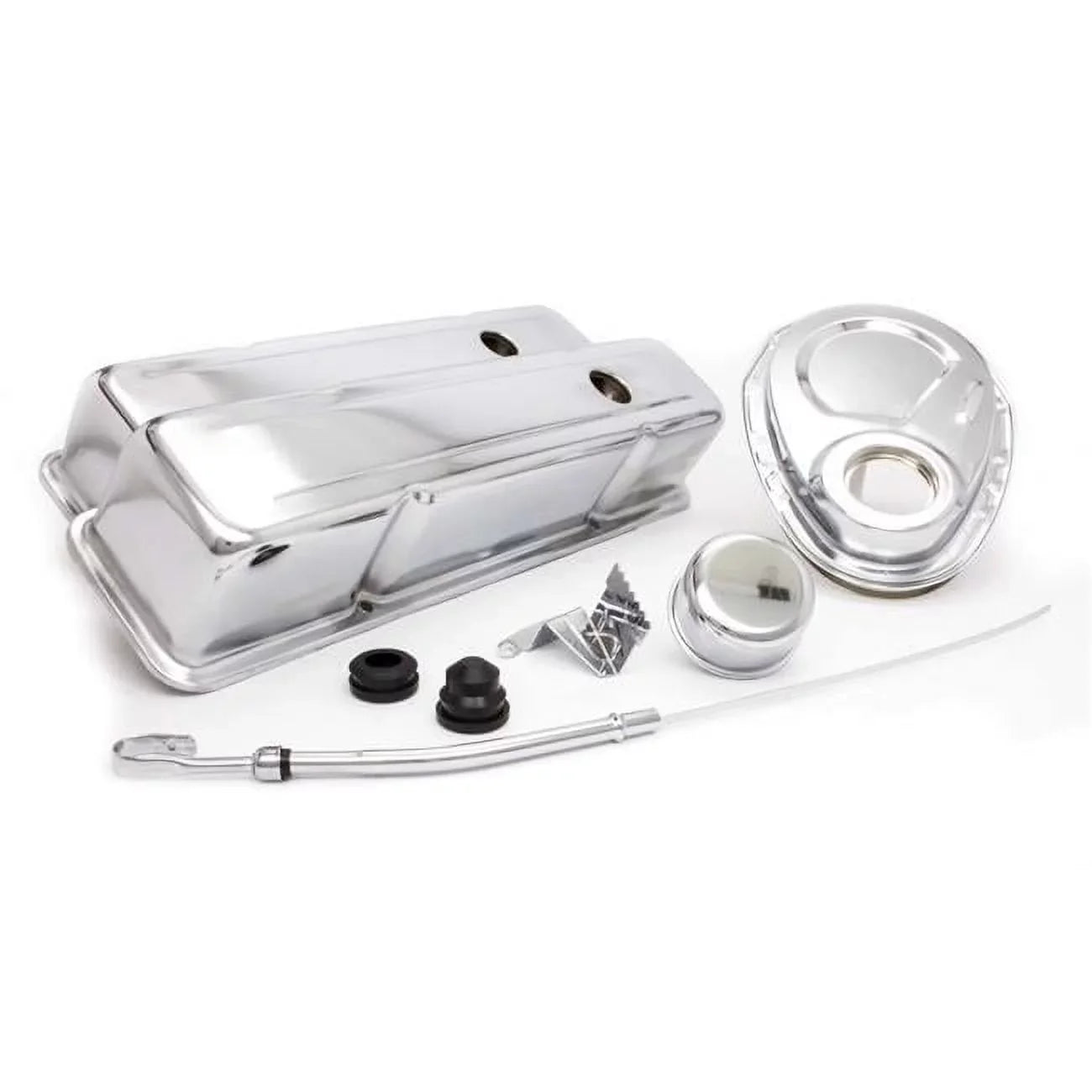 Racing Power Tall Valve Covers-Breather-Dipstick-Grommets-Timing Cover-Timing Tab Engine Dress Up Kit Steel Chrome Small Block Chevy - Kit