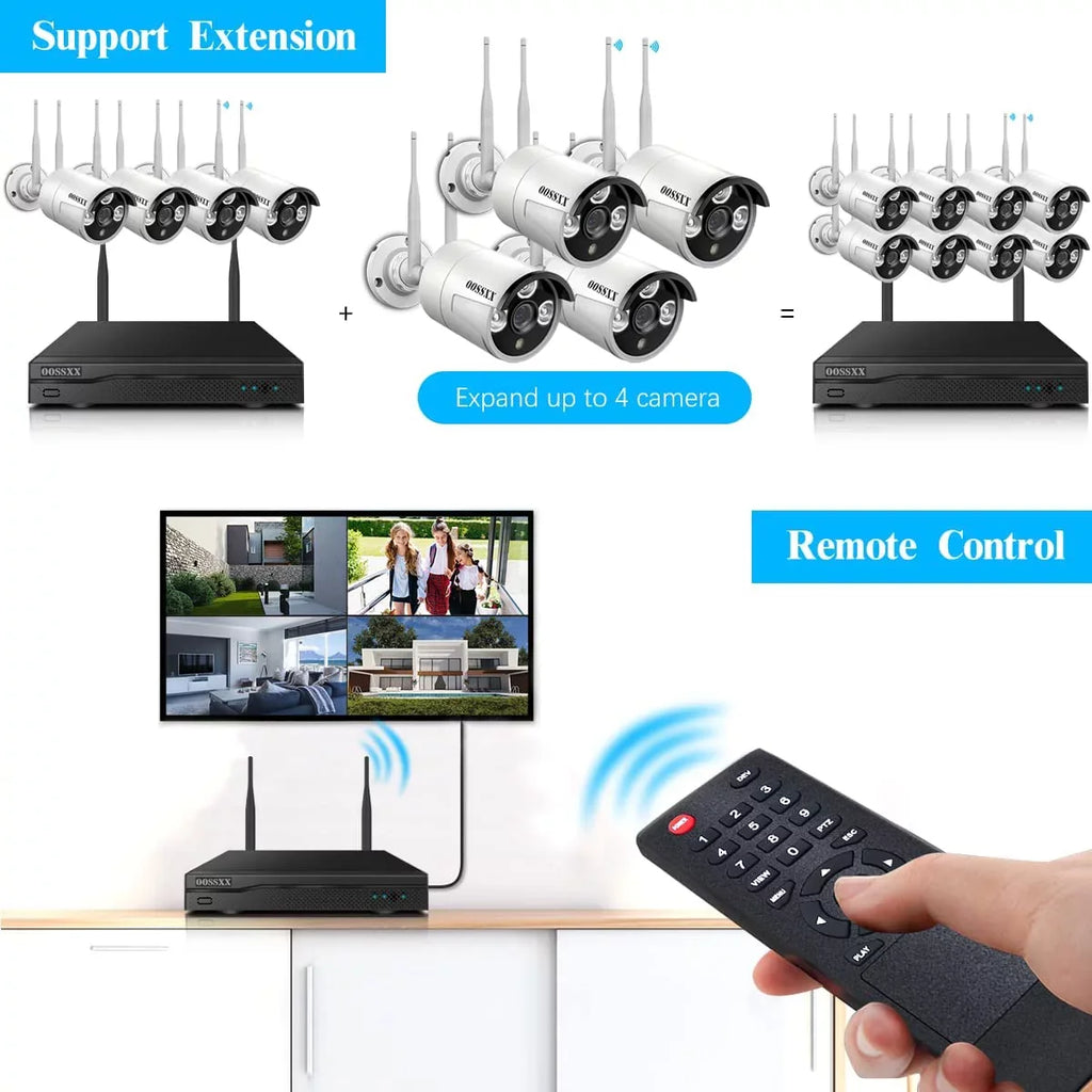 Expandable 8CH Wireless NVR Security Camera System Outdoor with DVR,4Pcs 3MP Wireless IP Cameras