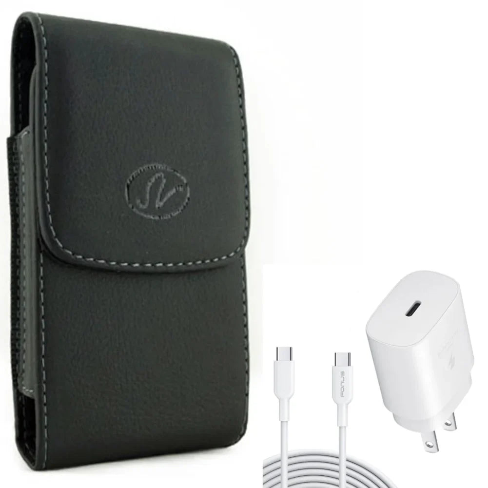 6ft USB-C Cable PD Type-C 25W Fast Home Charger w Holster Leather Case Belt Clip for ZTE Axon 10 Pro, Blade Max 2S
