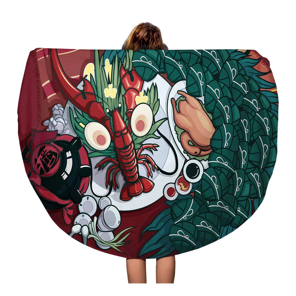 SIDONKU 60 inch Round Beach Towel Blanket Red Dumpling Dragon Boat Festival Food Cartoon Ancient Antique Travel Circle Circular Towels Mat Tapestry Beach Throw