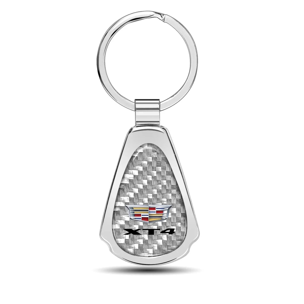 iPick Image for Cadillac XT4 Real Silver Dome Carbon Fiber Chrome Metal Teardrop Key Chain, Official Licensed