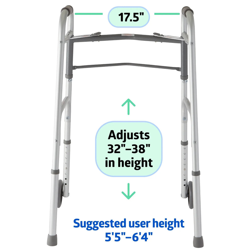 Medline Load Folding Walker with 5” Wheels, Aluminum Frame Supports up to 300 lbs.