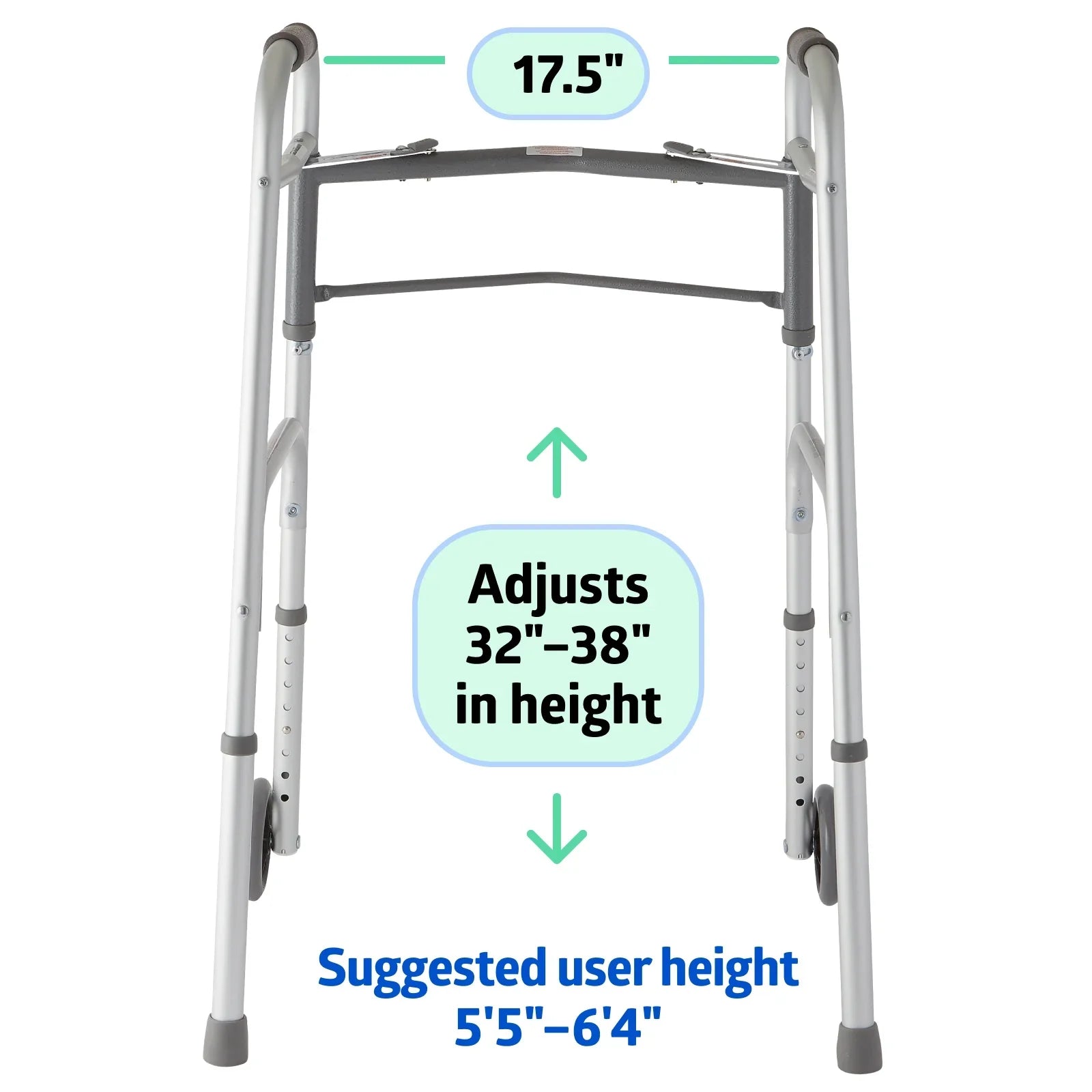 Medline Load Folding Walker with 5” Wheels, Aluminum Frame Supports up to 300 lbs.
