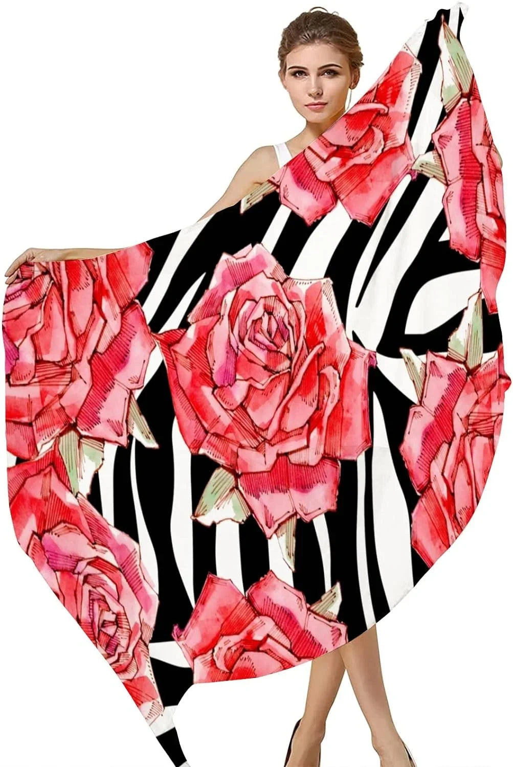 Hyjoy Watercolor Red Roses Long Silk Neck Scarf Mass Shawl Wrap Scarves for Women Girls