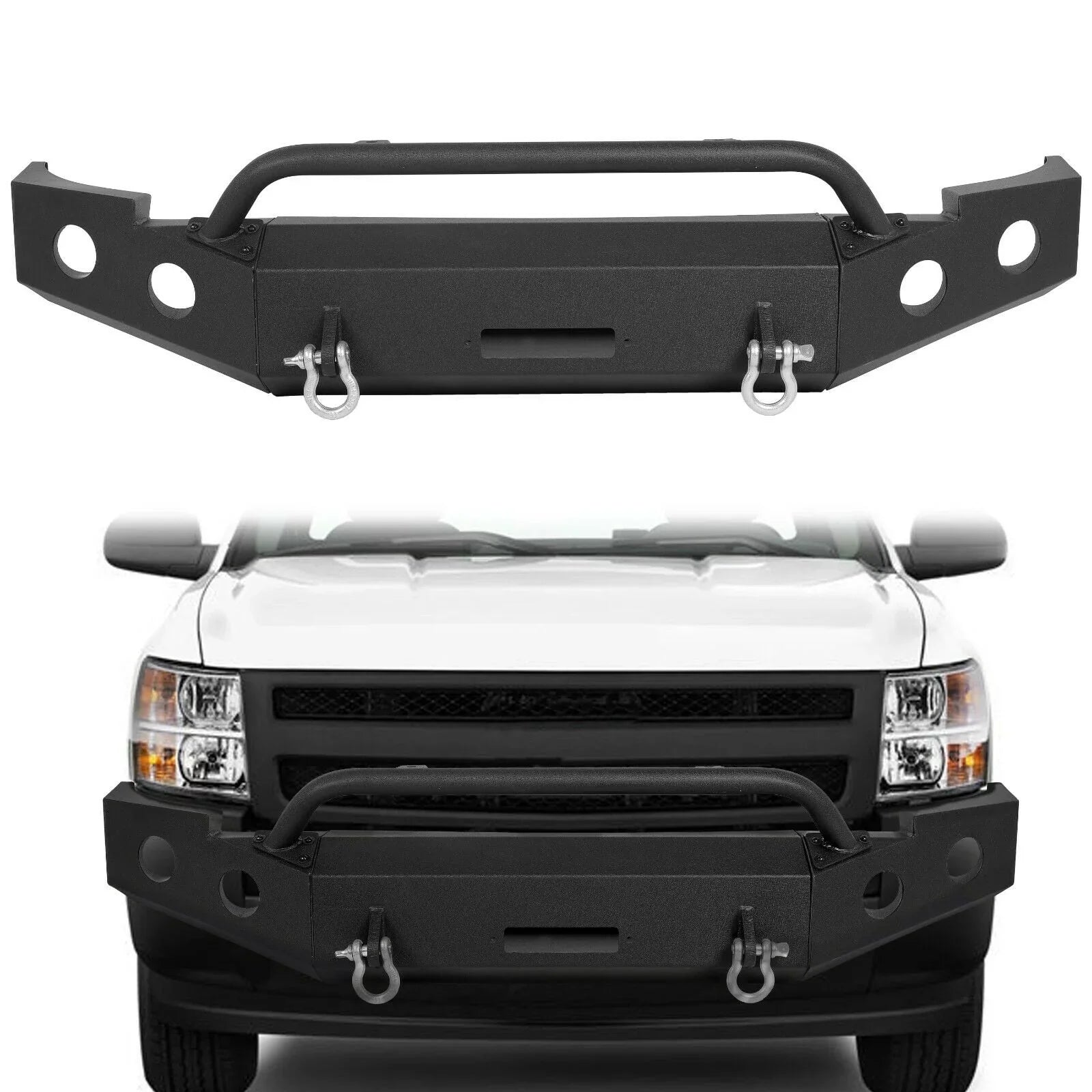 Kojem Front Bumper Push Bar Fit for 2007-2013 Chevy Silverado 1500 w/ Winch Plate D-Rings -2 Packages 2008 2009 2010 2011 2012 Steel Powder Coated