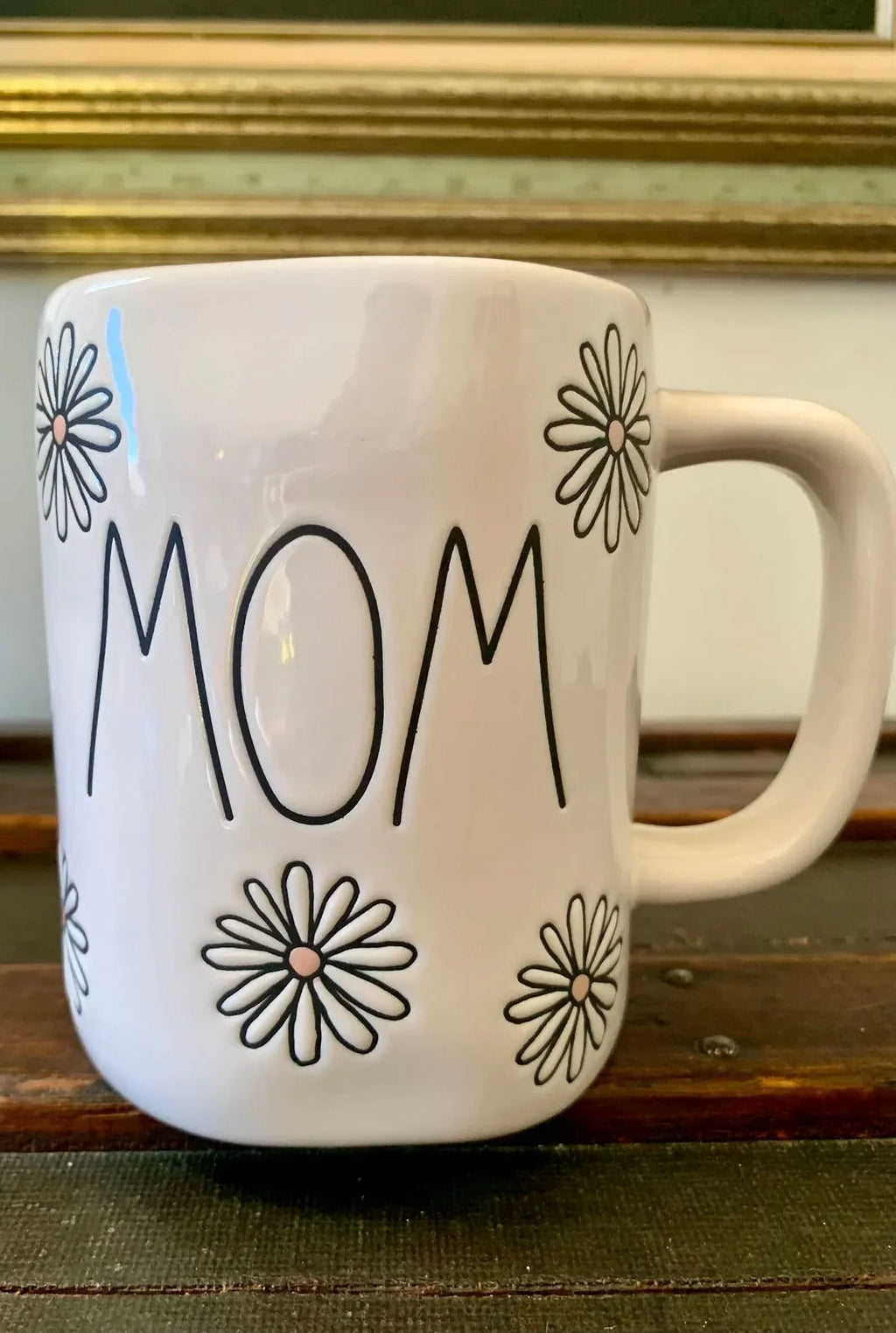 Rae Dunn MOM Ivory Ceramic Mug Jet LL Letters Dark Daisys 16 oz dishwasher safe may get hot in Microwave Mother's Day