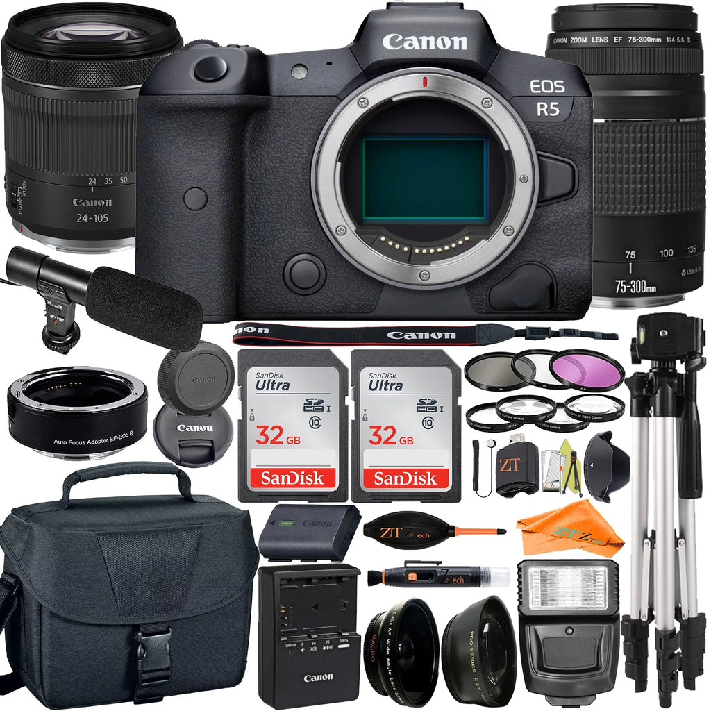 EOS R5 Mirrorless Camera with RF24-105mm + 75-300mm Lens + Mount Adapter + 2 Pack SanDisk 32GB + ZeeTech Accessory