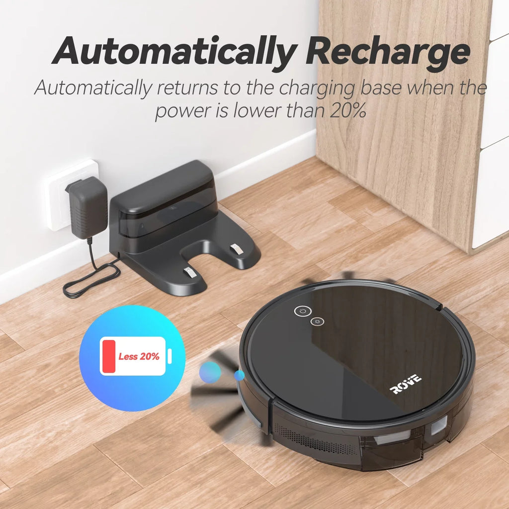 Rove Robot Vacuum Cleaner, 2000 Pa Strong Suction & 2600mAh Battery Life Robotic Sweeper with 600ML Dustbin, Automatic Self-Charging, Ideal for Pet Care, Hard Floor and Low Pile Carpet