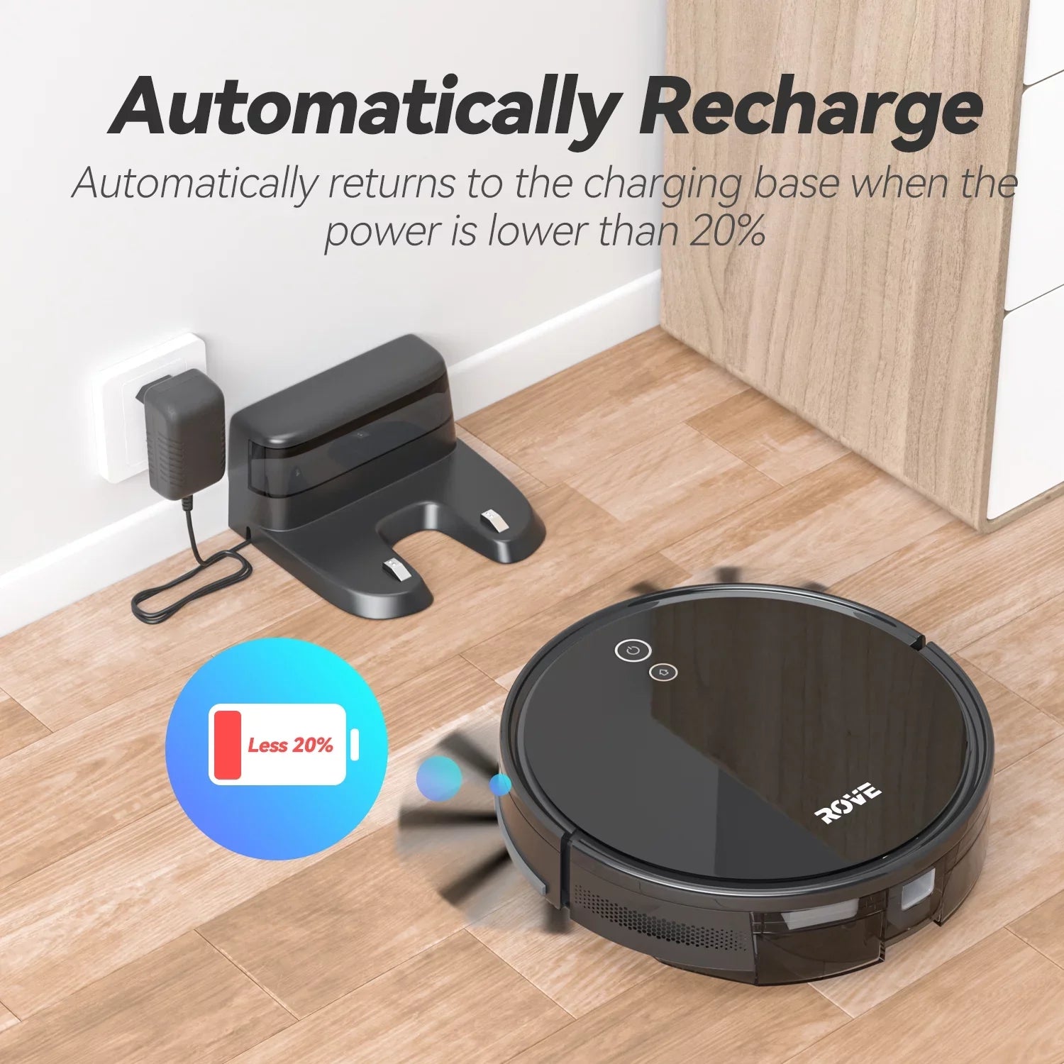 Rove Robot Vacuum Cleaner, 2000 Pa Strong Suction & 2600mAh Battery Life Robotic Sweeper with 600ML Dustbin, Automatic Self-Charging, Ideal for Pet Care, Hard Floor and Low Pile Carpet