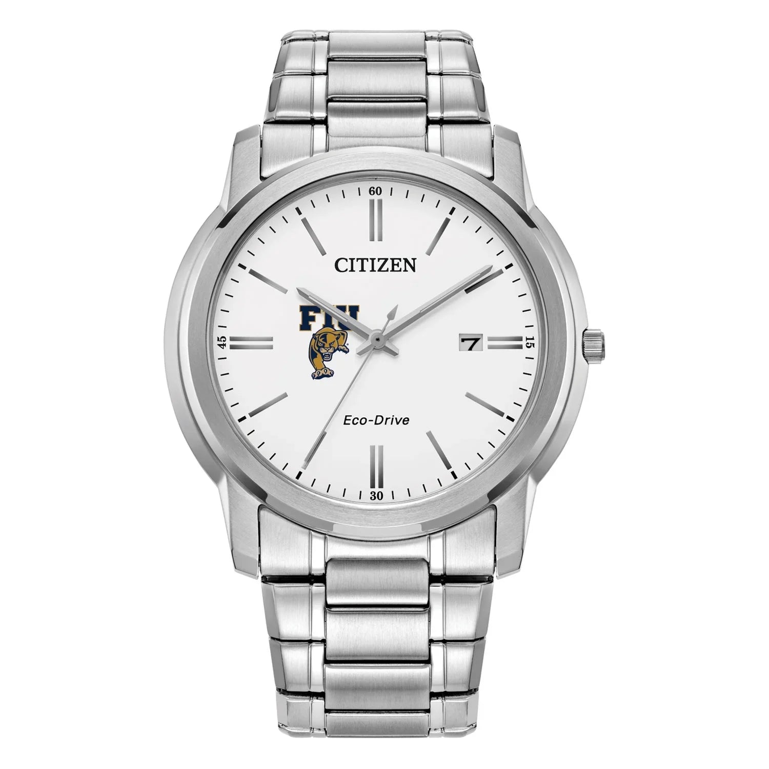 Men's Citizen Watch Silver FIU Panthers Eco-Drive White Dial Stainless Steel Watch