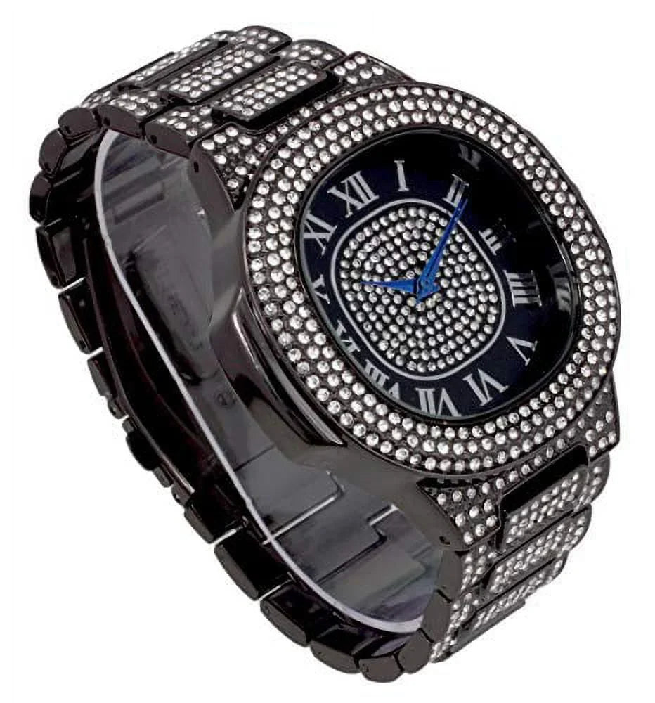 Charles Raymond Blinged Out Oblong Metal Mens Color on Blast Hip Hop Iced Out Wristwatch - 8475Color (ST10235 SDR# Blk Blk Panther)