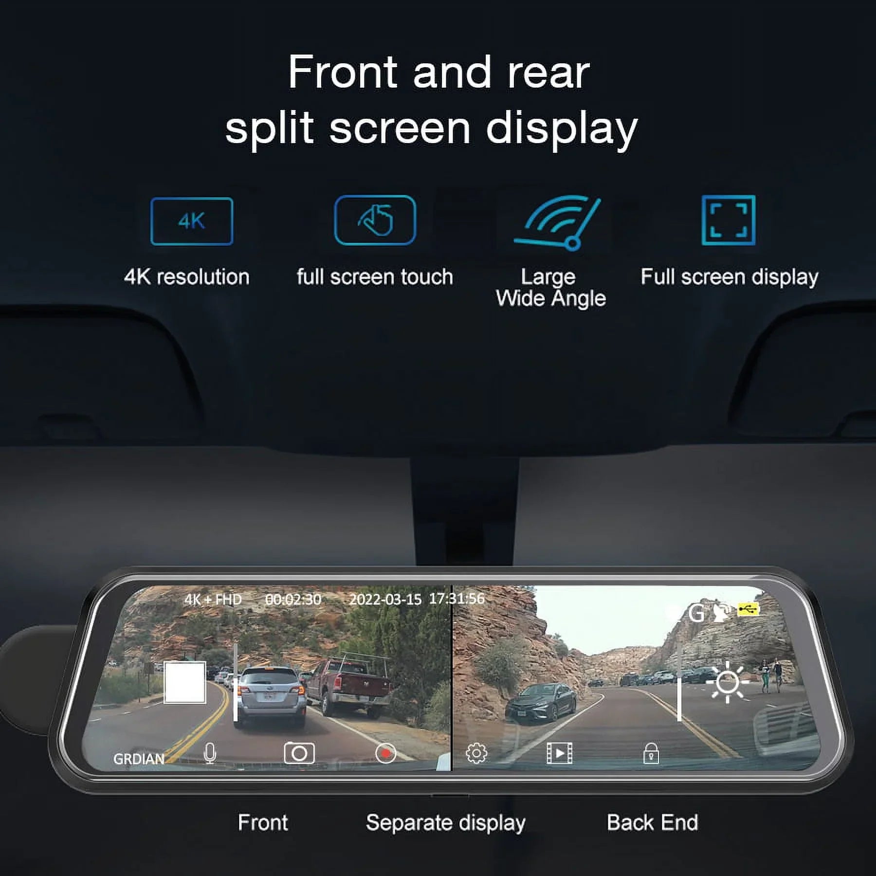 GRDIAN Arc4K 10" Rear-View Mirror Camera, Dual-Channel Front and Rear, Touchscreen, Parking Mode, Seamless Magnetic Mount Design