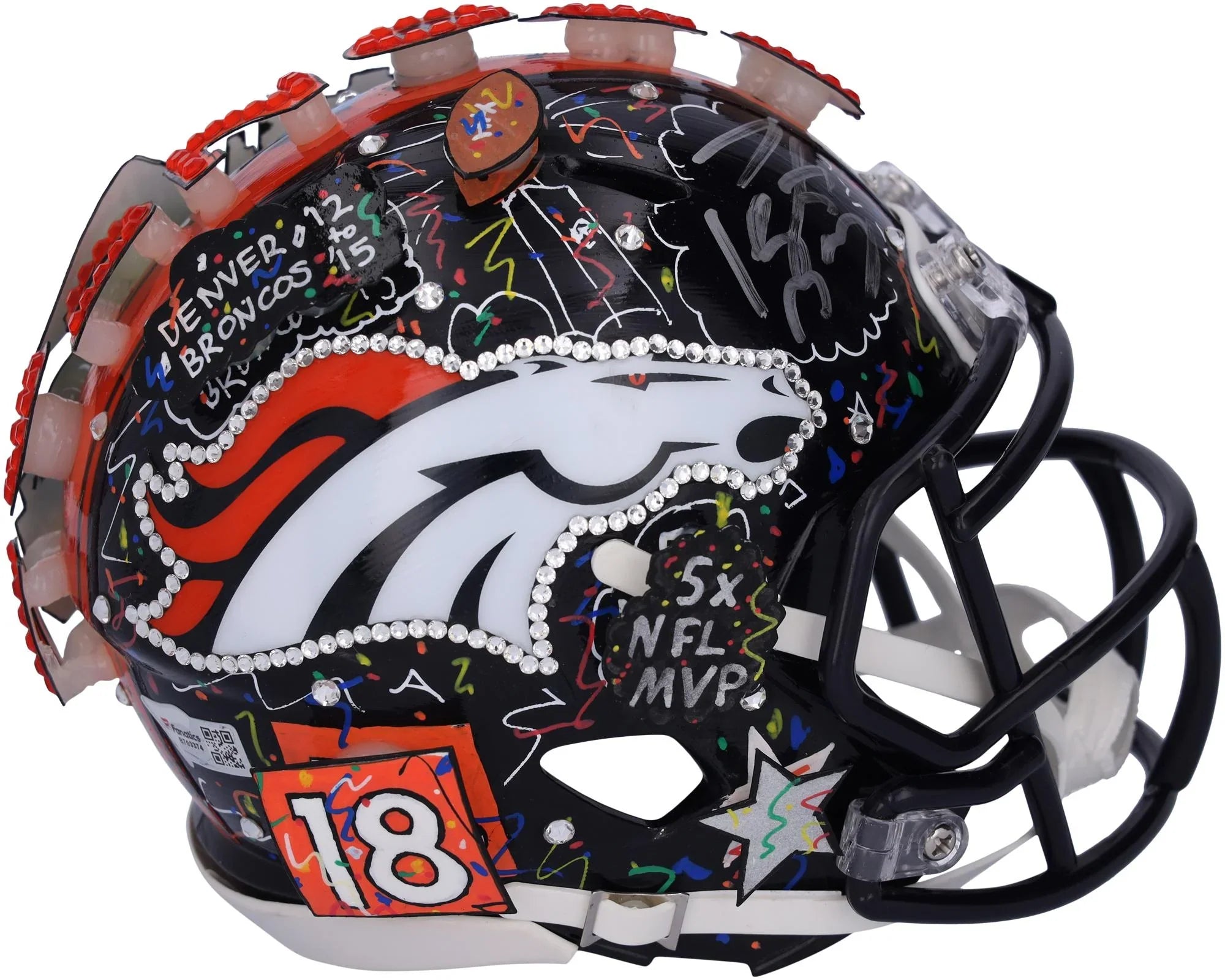 Peyton Manning Denver Broncos Autographed Mini Helmet - Hand Painted by Artist Charles Fazzino - B703374 - Fanatics Authentic Certified