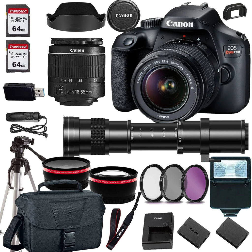 EOS Rebel T100/4000D DSLR Camera w/ EF-S 18-55mm F/3.5-5.6 Zoom Lens+420-800mm HD Telephoto Zoom lens+case+128Memory Cards (24PC)