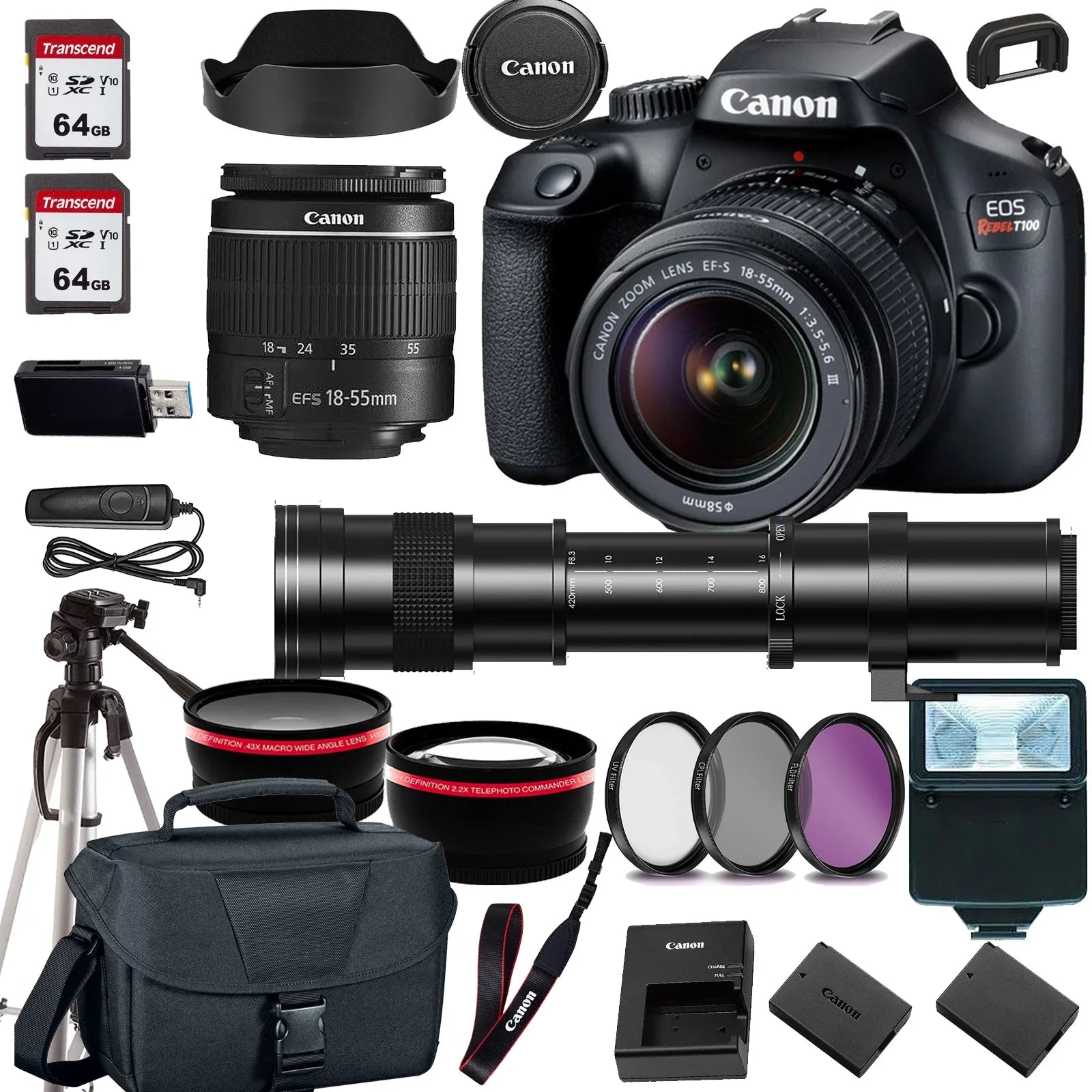 EOS Rebel T100/4000D DSLR Camera w/ EF-S 18-55mm F/3.5-5.6 Zoom Lens+420-800mm HD Telephoto Zoom lens+case+128Memory Cards (24PC)