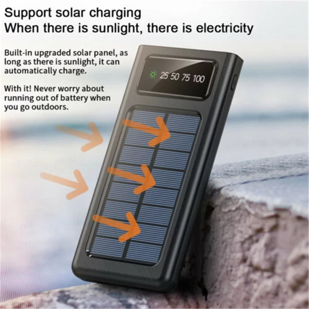 Solar-Charger-Power-Bank - Portable Charger,20000mAh 4 Qi Charger Solar Panel Built-in 3 Kinds Output Cable and Dual LED Flashlights