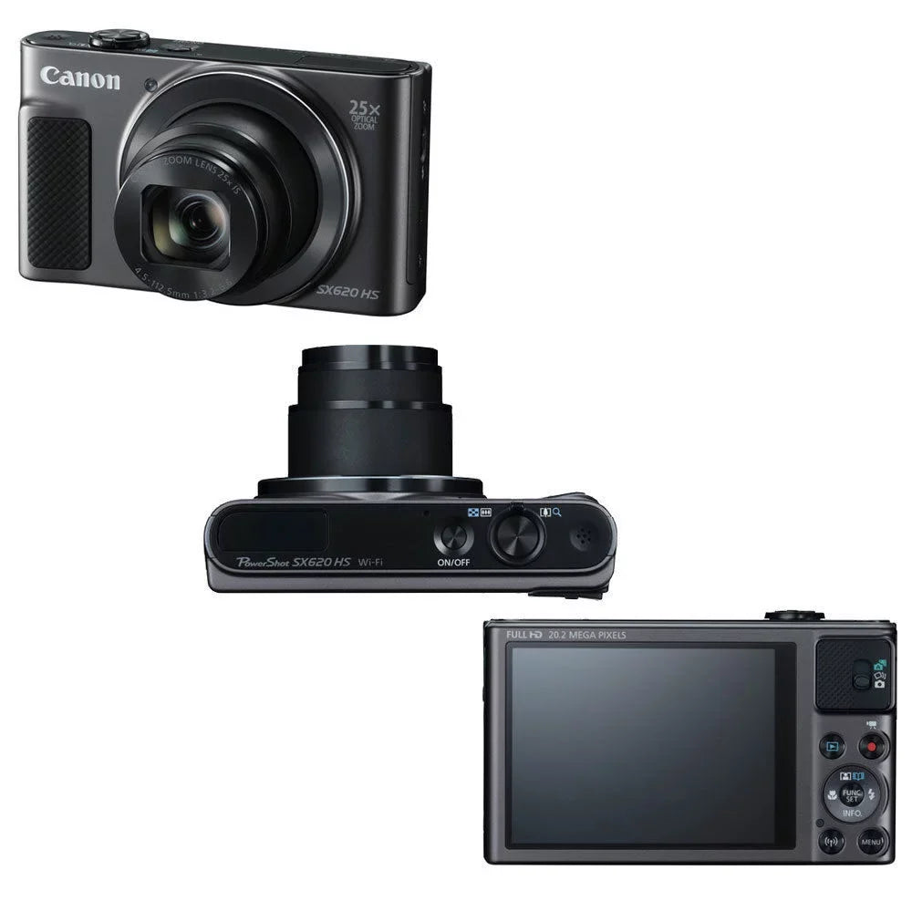 PowerShot SX620 HS 20.2MP 25x Zoom WiFi / NFC Full HD 1080p Digital Camera Ebony with 16GB Memory Card