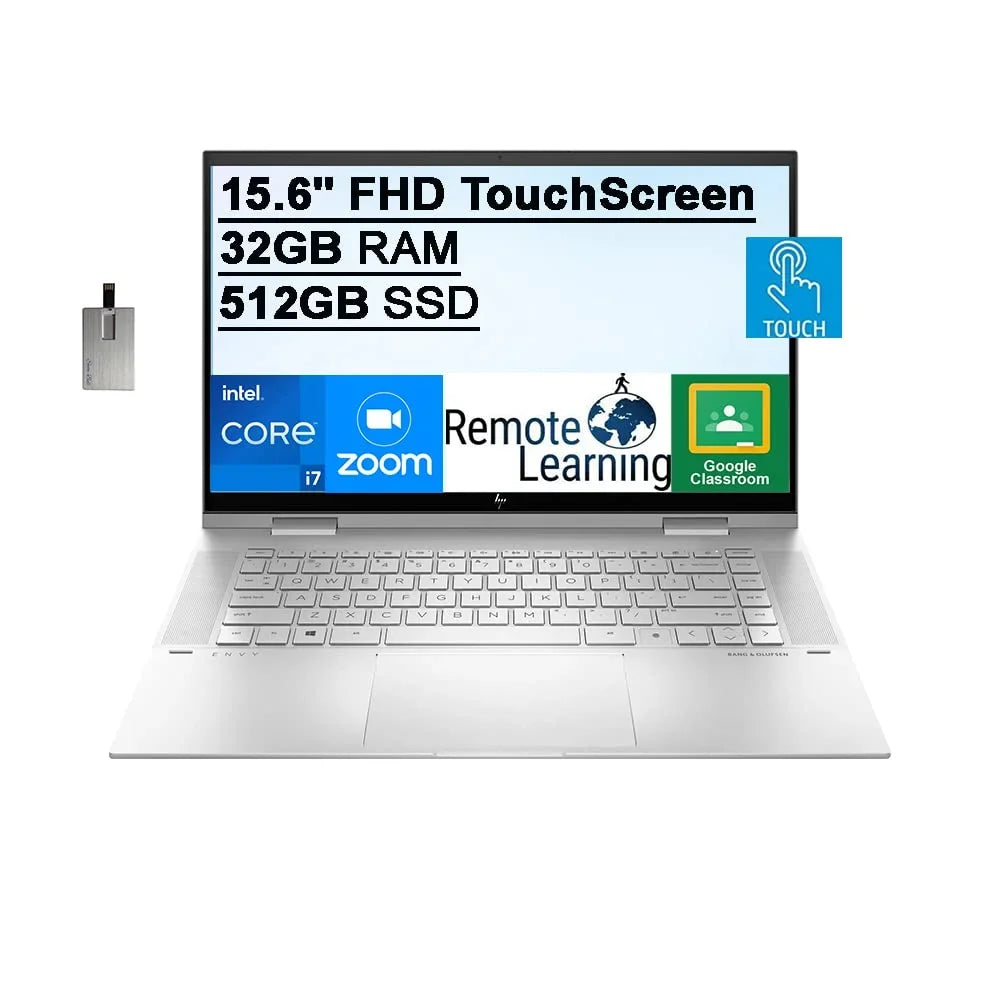 2021 Envy 2-in-1 15.6" FHD Touchscreen Laptop Computer, 11th Gen Core i7-1195G7, 32GB RAM, 512GB PCIe SSD, Backlit Keyboard, Iris Xe Graphics, HD Webcam, Win 11, Silver, 32GB USB Card