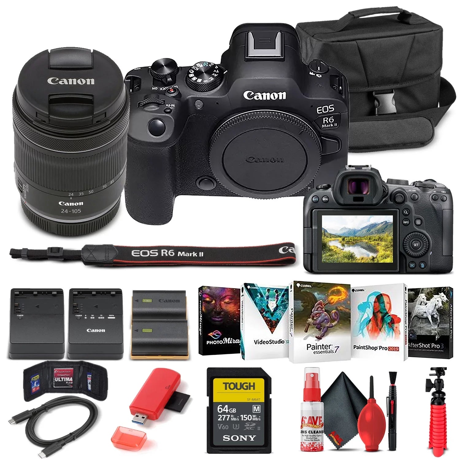 EOS R6 Mark II Mirrorless Camera with 24-105mm f/4-7.1 Lens (5666C018) + 64GB Memory Card + Case + Corel Photo Software + LPE6 Battery + External Charger + Card Reader + More