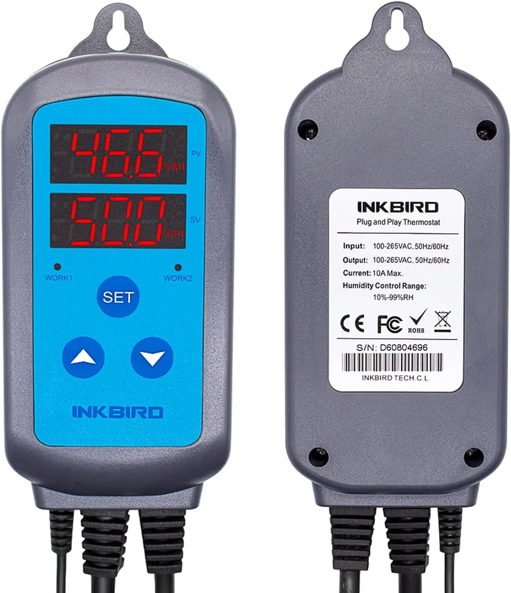 Humidity Controller IHC200 Inkbird Humidistat Mushroom Greenhouse Pre Wired Outlet Dual Stage Humidifier Dehumidifier.