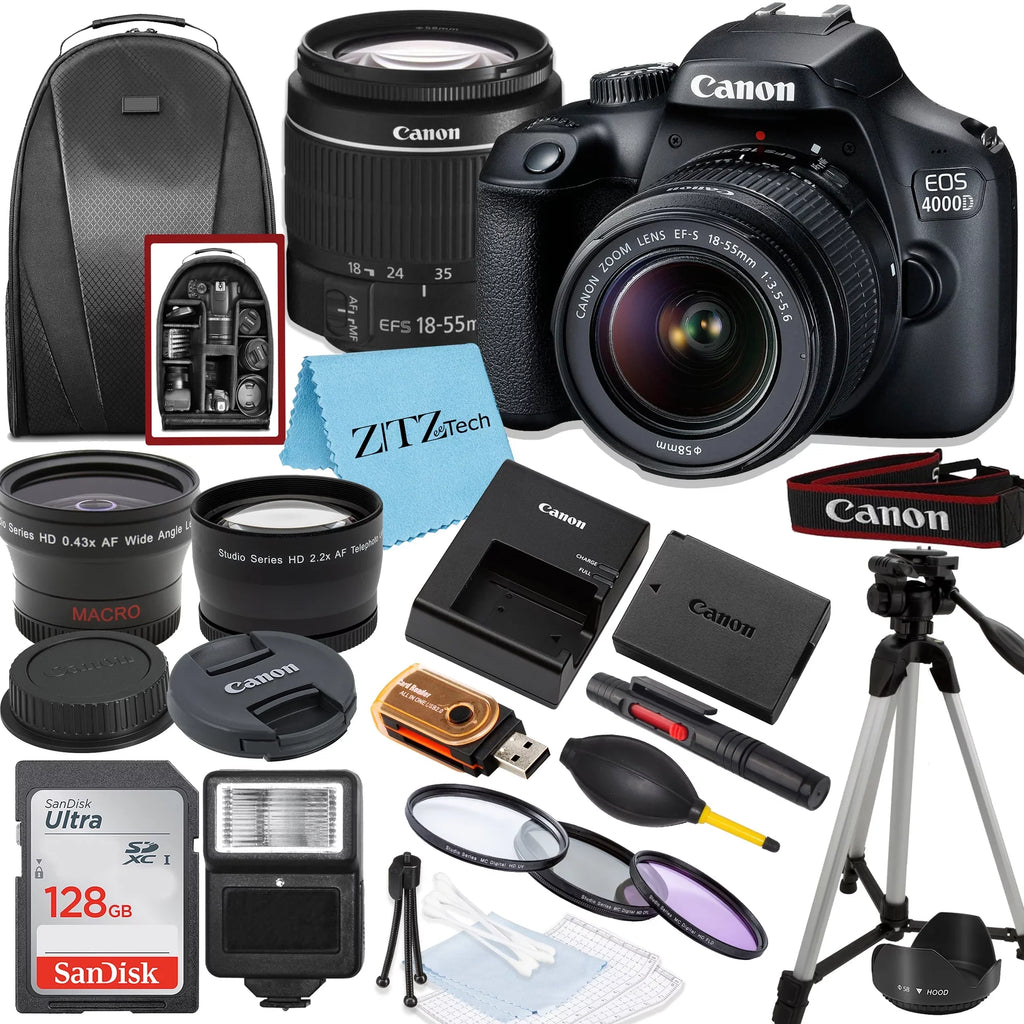 EOS Rebel T100 / 4000D DSLR Camera with 18-55mm Lens, SanDisk 128GB Memory, Tripod, Backpack and ZeeTech Bundle