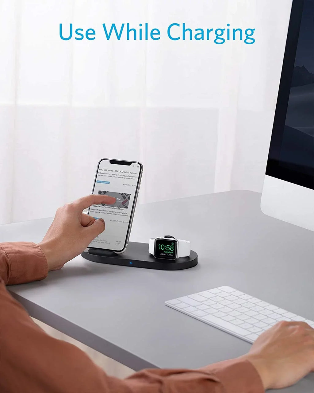 Anker Wireless Charging Station with QC Charger, PowerWave Sense 2-in-1 Stand with Watch Charging Holder for Watch SE/6/5/4/3/2/1, iPhone SE 2020, 11, 11 Pro (Watch Charging Cable Not Included)
