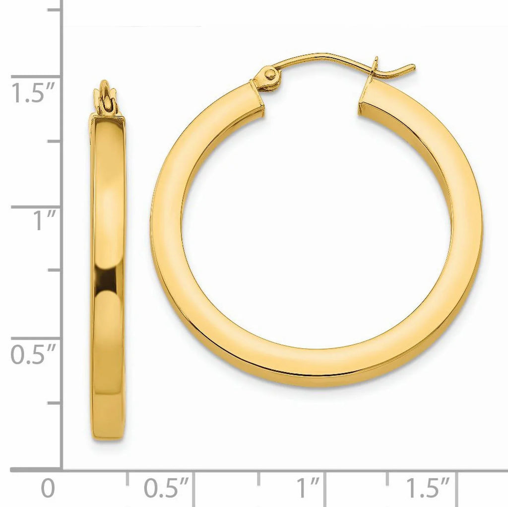 3mm Square Tube Hoop Earrings in Real 14k Yellow Gold