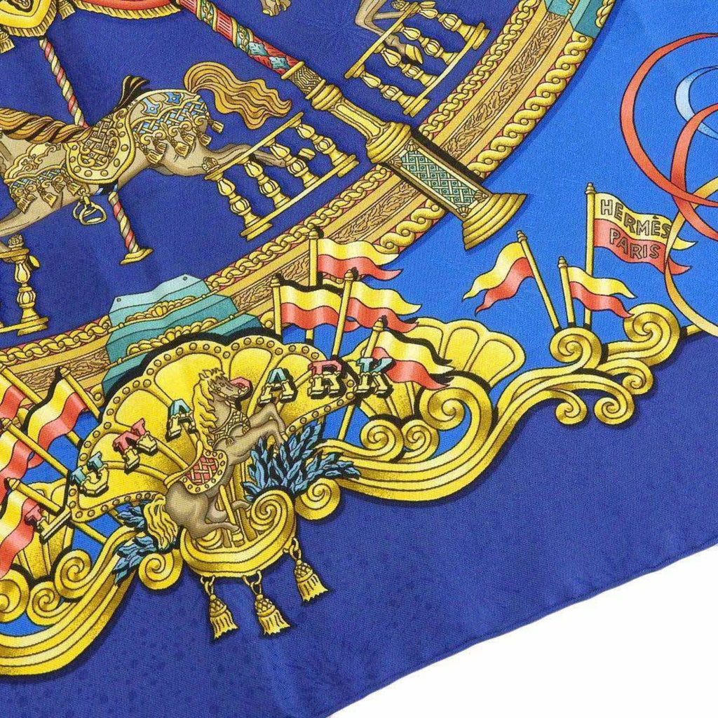 Pre-Owned HERMES KARE90 LUNA PARK Amusement Park Horse Carousel Scarf Muffler Silk Blue (Good)