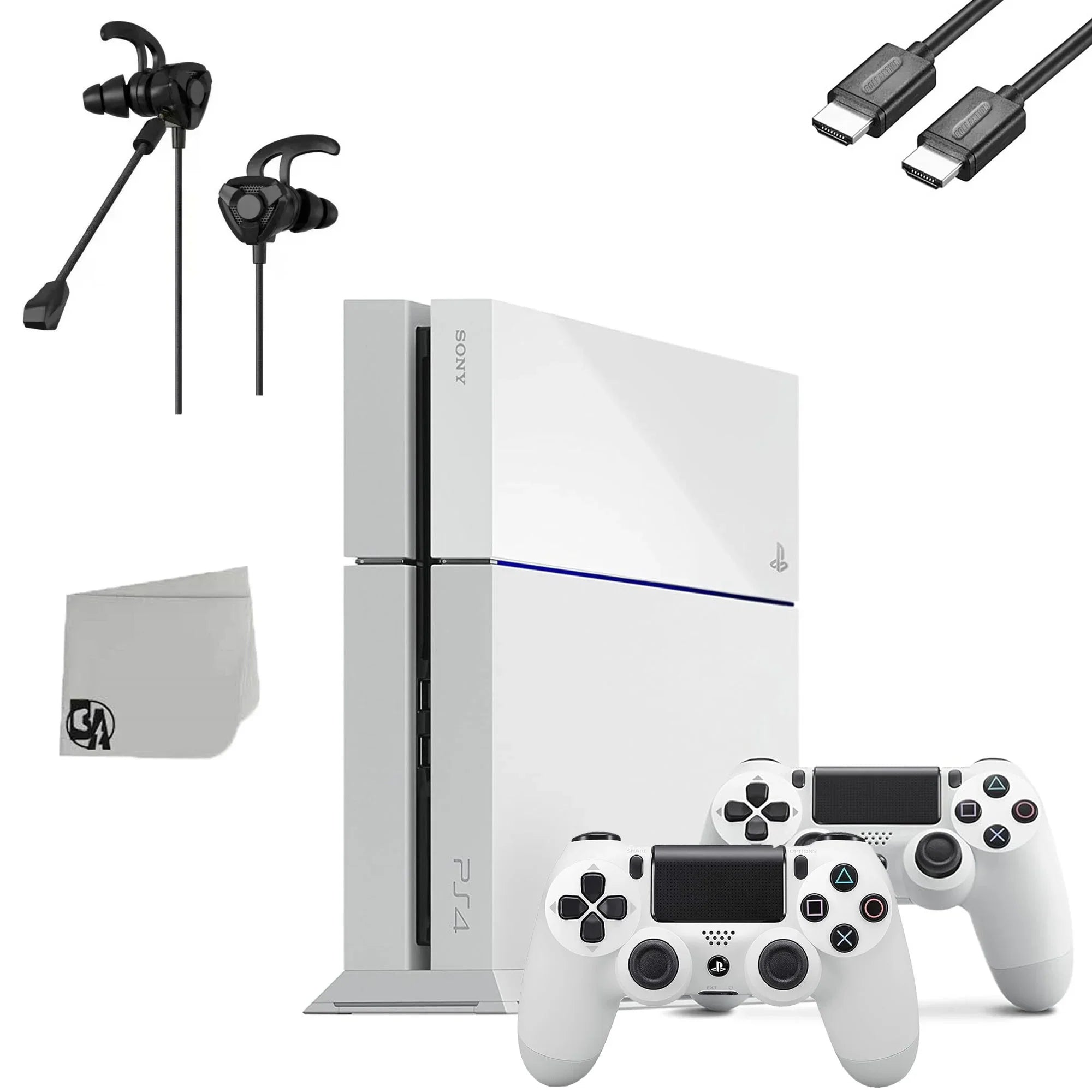 PlayStation 4 Original 500GB Matte White Gaming Console With 2 Controller + G9 Earbuds With Microphone BOLT AXTION Bundle Like New