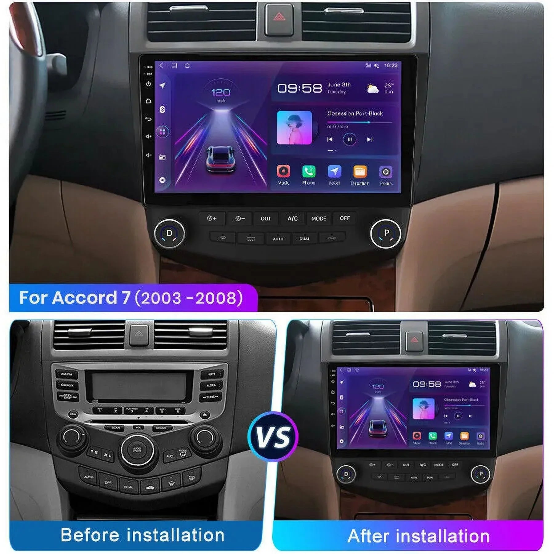 2+32G for Honda Accord 2003 to 2007 Wireless Carplay Android Auto Mirror Link 10.1'' Touchscreen Car Stereo Radio Android 13 Bluetooth GPS Wifi Hifi, AHD Backup Camera