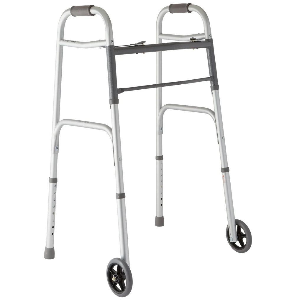 Medline Load Folding Walker with 5” Wheels, Aluminum Frame Supports up to 300 lbs.
