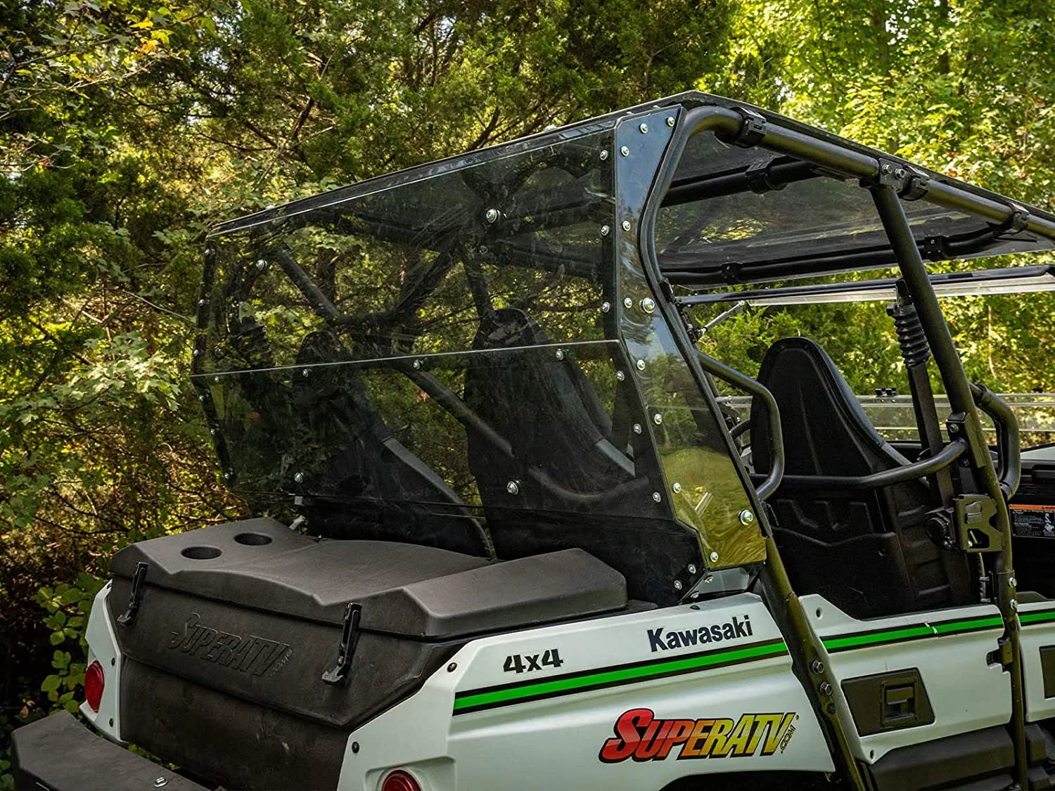 SuperATV Heavy Duty Rear Windshield for 2014+ Kawasaki Teryx 4 800 / 2021+ Teryx 4 S 1/4" Thick Lightly Tinted Polycarbonate 250x Stronger Than Glass Protects You From Flying Debris Made in USA!
